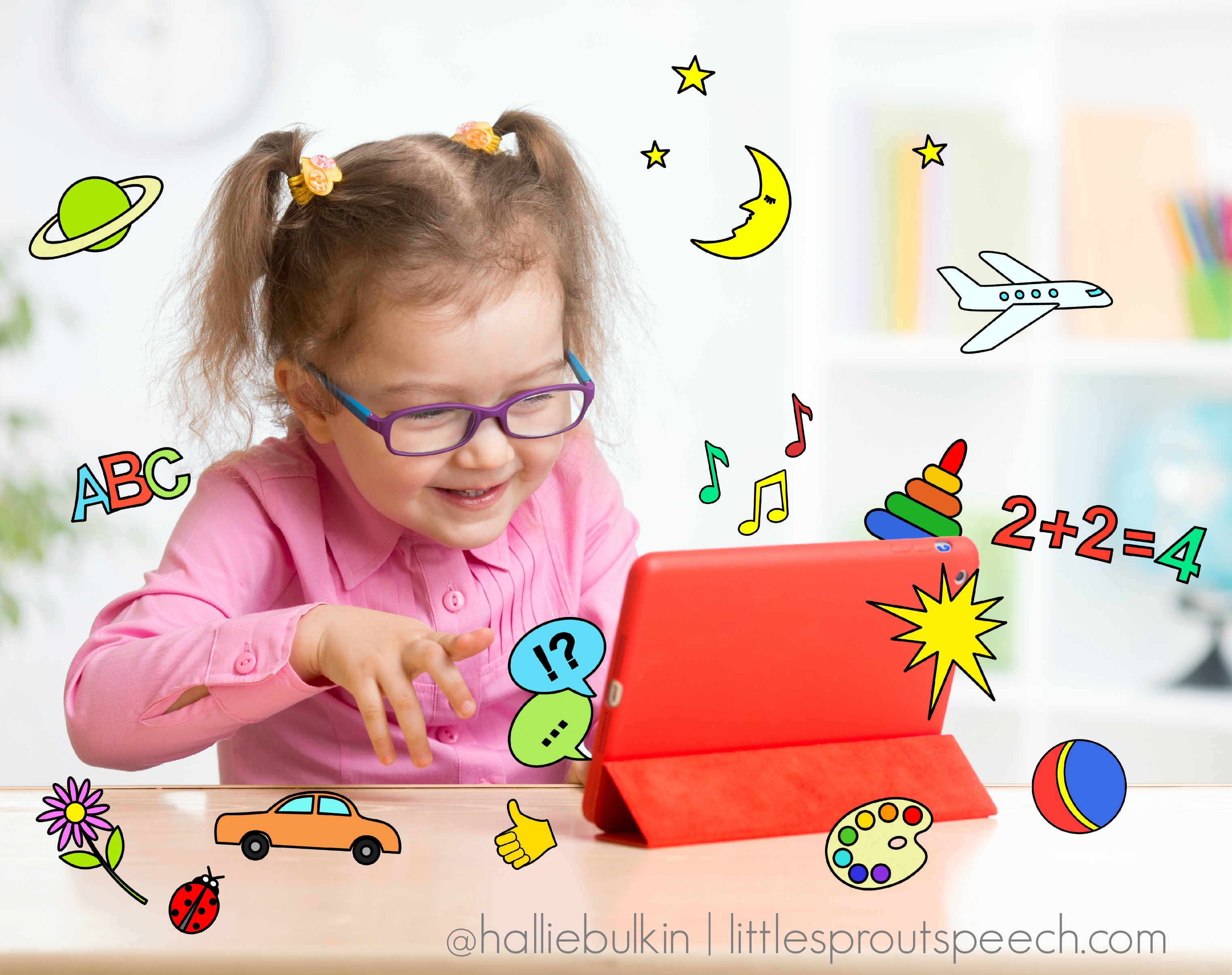 Kid with tablet computer in glasses. Early education. iPad AAC
